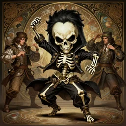a sinister chibi skeleton, dancing in a hip hop crew, historical, intricate, highly detailed, dynamic lighting, digital art, digital painting, artstation, wlop, sharp focus, illustration, art by artgerm and greg rutkowski and alphonse mucha