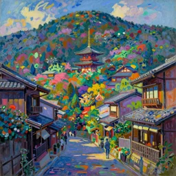 a beautiful japanese city in the mountain, amazing ryokans and gorgeous edo era houses, fantastic non human character, epic cyberpunk, lofi vibe, colorful, vivide colors, amazing light, really beautiful nature, by jeremy lipkin, by claude monet, heavily inspired by makoto shinkai, kandinsky touches, inspired by ghibli, masterpiece, beautiful, multiple brush strokes, impressionist style, high contrast