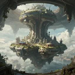 Matte painting of the interior view of giant tidepunk artificial island. Scifi, detailed digital art trending in artstation