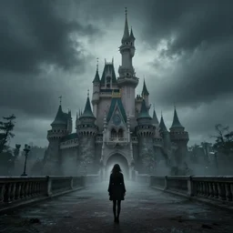 a girl in chernobyl!!! disneyland castle!! silent hill!! dark cloudy, atmospheric, foggy, wide angle, art by greg rutkowsky