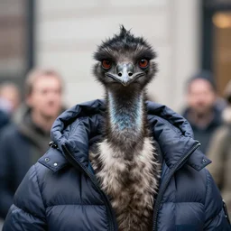 anthropomorphic beak neck neck large bird Emu assassin assassin guy portrait donning a poofy down jacket exterior new york jonas de ro jihm mahfood francois schuiten ishbel myerscough foreground focus