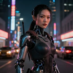 4 k remaster extremely detailed cinematic movie still from blade runner 2 0 4 9 of a chinese cyborg warrior princess in the street, megabuildings, face by artgerm, cyber noir, bokeh, denis villeneuve, rich colors, night, road