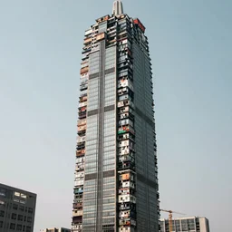 a skyscraper but makeshift squatter shacks, dystopia, sony a 7 r, f 1 1, fully frontal view, photographed by gursky