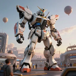 a beautiful hyperrealistic ultradetailed 3 d render of a gigantic mecha guarding a sci - fi spaceport, by mike deodato : 3, mech, unreal engine, octane render, gigantic, unreal engine, octane render, 3 d, brilliantly coloured, intricate, ultra wide angle, trending on artstation, dusk, volumetric lighting, hdr, polished, micro details, ray tracing, 8 k : 2, people, sphere, balloon, blurry, blur, depth of field, dof, bokeh, obscured, macro : - 1