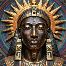 close up portrait of ra african symbolism, dark bronze skin, male with strong jawline and angular features, sunburst halo by artgerm, cushart krenz, greg rutkowski, mucha. art nouveau. gloomhaven, swirly vibrant ripples, gaudy colors, sharp edges. ultra clear detailed. 8 k. elegant, intricate, octane render