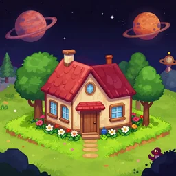 a house with flowers in front of it, that is part of a small colony on a strange planet, from a space themed Serria point and click 2D graphic adventure game, high quality graphics