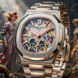 fashion dreamy digital reference of luxury watch patek philippe nautilus, krenz cushart peter mohrbacher norman rockwell michael cheval gerald brom alphonse mucha beautiful detailed watch dial strange unique design futuristic attire, french wave