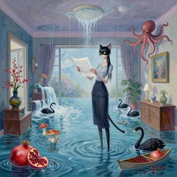 tall female catgirl artist holding sheet music in her flooded apartment, pomegranates, octopus, water gushing from ceiling, painting of flood waters inside an artist's apartment, a river flooding indoors, mushrooms, ikebana, zen, rapids, waterfall, black swans, canoe, berries, acrylic on canvas, surrealist, by magritte and monet