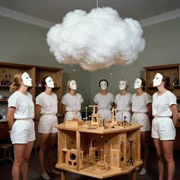 realistic photo of a group of medieval female scientists wearing white shorts, beautiful faces covered with white plates, watching at a levitating fluffy furry cloud, in a living room laboratory with many wooden gadgets made of wood interior is made of wood 1 9 9 0, life magazine reportage photo, natural colors