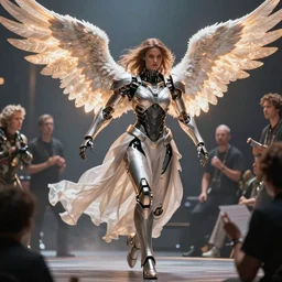 a stunning ultra detailed fantasy fine art full body dynamic portrait photo of a action woman with mech armor from ex machina movie dressed as an angel with glowing wings, by greg rutkowski, craig mullins, ruan jia, wlop artgerm, karol bak and lisa holloway photography, full body shot, deep depth of field, soft lighting, artstation,