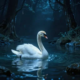 eerie movie frame, greek fantasy panorama, a shining swan in the magic shining river styx, at night, otherworldly, denis villneuve, 1 7 mm, wide shot, surreal, deep