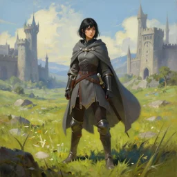 a warrior girl with short black hair wearing a gray cloak and boots standing on a medieval fantasy meadow landscape, digital art, oil on canvas, by andreas rocha, trending on artstation, 4k wallpaper, vibrant colors
