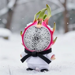 a dragonfruit wearing a karate belt in the snow