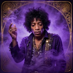 A mystical mesmerizing 8k hyperrealistic Photo Portrait jimi hendrix transforming into a purple haze, soft, sharp focus, detailed, art by Greg Rutkowski and artgerm and Alphonse Mucha