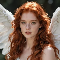 beautiful female angel, red hair, green eyes, light skin, asymmetrical face, ethereal volumetric light, sharp focus