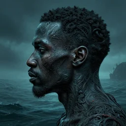 side profile of a black man :: in ocean intricate details :: dark and horror ::  by vikings and Sandra Chevrier