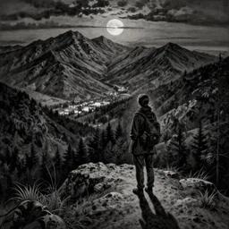 A female wanderer looks from a mountaintop, mountains, gorgeous view, velly distant forest, distant city, distant glow, night, moon, dramatic light, Chiaroscuro, long shadows, dark, masterpiece, high detail, detailed, illustration by Paul Gustave Doré