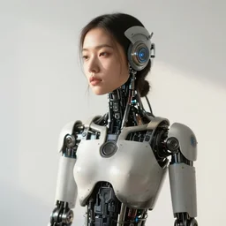 beautiful Fine art photography of a contemplative solarpunk part robot part human girl with real human face and torso, white background, highly detailed, medium shot, photorealism, morning sun lighting 8k