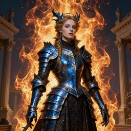 Gothic princess in dark and blue dragon armor on Neoclassical city. By William-Adolphe Bouguerea, Jordan grimmer, fractal flame. Highly_detailded