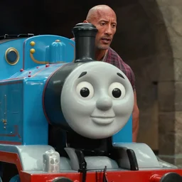 Film still close-up shot of Dwayne Johnson as the Thomas the Tank Engine. Photographic, photography