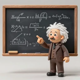 claymation miniature scene of albert einstein finger pointing standing in front of miniature blackboard with lots of mathematical formulas chalked on, anatomically correct hands
