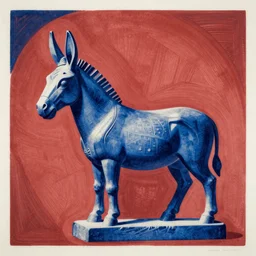 duotone lithograph of cycladic sculpture of a donkey, stylized, bold, solid colors, duotone, ultramarine blue and red iron oxide