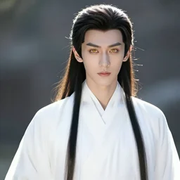 a portrait of a young beautiful prince, golden eyes, long black hair, white hanfu, elegant, intricate, backlit, incredible lighting, strong rim light, subsurface scattering, photorealistic, epic beautiful landscape, cherry trees, highly detailed, digital painting, by Heise Jinyao, Heise-Lian Yan Fang, Feimo, Rossdraws, HDRI, vivid colors, high contrast, 8k