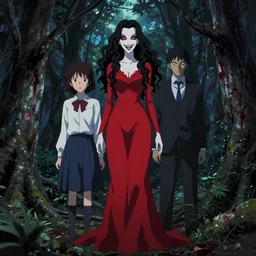 makoto shinkai, yoji shinkawa, ilya kuvshinov, rumiko takahashi, full body, pretty woman vampire, sharp teeth, evil smile, red dress, symmetrical eyes, symmetrical face, long curly black hair, trees, forest, branches, cinematic lighting, night, scary, blood, artgerm
