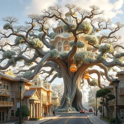 a street view of a city made of porcelain on gold and silver, beautiful and elegant, built on top of a large massive expansive tree and tree branches over arching over and under, large trunks everywhere, overlooking to an outside sky by frank lloyd wright, feng zhu, craig mullins,