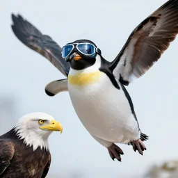 a penguin wearing aviator goggles and flying confidently next to a bemused eagle.