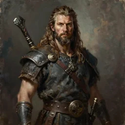 a full body fantasy portrait oil painting illustration of a single rugged stoic barbarian man by Justin Sweet with face and body clearly visible, visible pupils, smooth brushwork, d&d, rpg, forgotten realms, artstation trending, high quality, sombre mood, artstation trending, muted colours, no crop, entire character!,