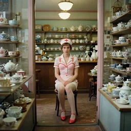 a man in a sexy nurse outfit sits inside of a tea shop alone, film still from the movie directed by wes anderson with art direction by zdzisław beksinski, wide lens