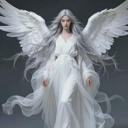 tall thin beautiful goddess, pale wan feminine angel, long flowing silver hair covering her whole body, beautiful painting, young wan angel, flowing silver hair, flowing white robes, flowing hair covering front of body, white robe, white dress of silver hair, aesthetic, mystery