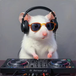 an anthropomorphic white rat dj wearing headphones and colored sunglasses, standing at a dj table playing techno music, concept art, digital art, oil painting, by wlop