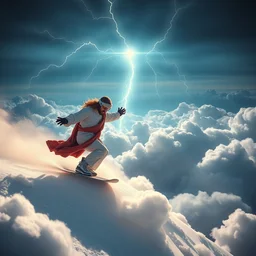 jesus snowboarding on puffy volumetric clouds, volumetric illumination, dramatic lightning, 3 d, cinematic, 8 k