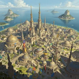 Tholos, sprawling city with islands along a great bay, short, buildings made of wide domes interspersed with tall spires and decorated with all manner of banners, a fantasy digital painting by Greg Rutkowski and James Gurney, trending on Artstation, highly detailed