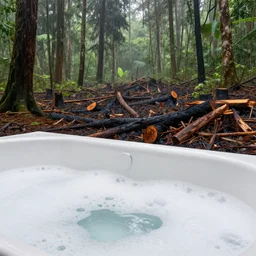 pristine porcelain bath filled with bubbles in a clearcut rainforest, slash and burn, cleared forest, deforestation, tree stumps, smouldering charred timber
