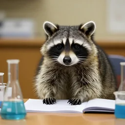 a raccoon studying chemistry