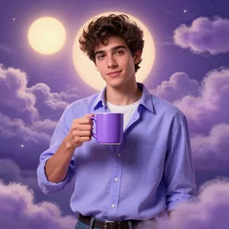 portrait of a ( ( ( una taza de cafe grande y morada ) ) ), ( ( guapo joven caliente espanol roboto con camisa abierta ) ), nubes y magia, el sol, concept character, by greg rutowski and tezuka and oi and mucha and bierstadt and remington, trending on artstation