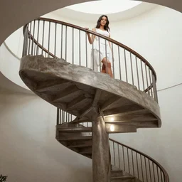 two elegant spiral staircases rise up to a landing.  A a beautiful girl with long dark hair, dressed in white , stands at the top