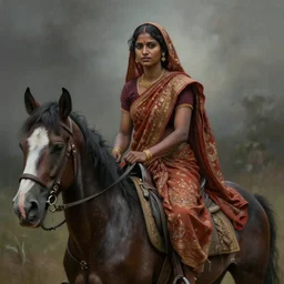 portrait painting of a nepali female working out, wearing sari, riding a horse, ultra realistic, concept art, intricate details, eerie, highly detailed, photorealistic, octane render, 8 k, unreal engine. art by artgerm and greg rutkowski and alphonse mucha