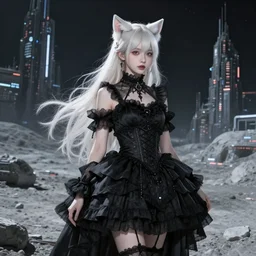 beautiful concept art of lunar cyberpunk city showing a beautiful girl with long platinum blonde hair, two - side up and cat ears standing in a black gothic frilly dress w - 1 0 2 4