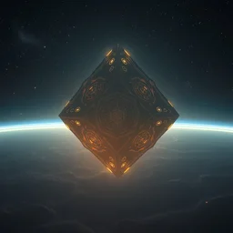 bad omens, beyond the horizon, a lonely floating magnificent tetrahedron spacecraft, on which mystical symbols glowing!! medium long shot. octane render, deep space, ultra clear detailed!! digital art by stanley artgerm lau, greg rutkowski, thomas kindkade, alphonse mucha, loish, norman