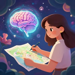 a cute lady cartographer looking over a paper map of the human consciousness and the psychedelic experience, digital art