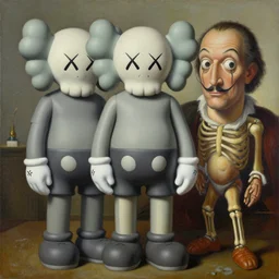 kaws figure skeleton by james jean and salvador dali and shusei nagaoka, oil on canvas, exquisitely intricate details, surrealism, neoclassicism, renaissance, hyper realistic, ultra detailed, cell shaded, 8 k
