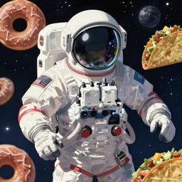 key visual of astronaut, donuts and tacos in background, majestic, by shigenori soejima, finely detailed feature, anime, space, deroo, pixiv top monthly, trending on artstation, cinematic, danbooru, zerochan art, kyoto animation, studio trigger