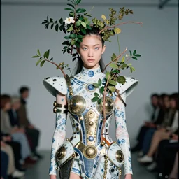 A long shot anaglyph film still of a girl wearing solarpunk dress in porcelain and metal and lush branch featured in Vogue and GQ editorial fashion photography, beautiful eye, symmetry face, haute couture dressed by Givenchy and Salvatore Ferragamo, Canon EF 85mm f/1.4L IS USM