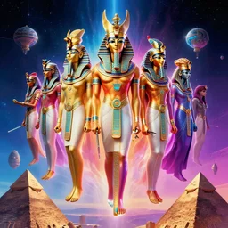 mythical egyptian gods hovering space pyramids, highly detailed, bright neon colors, synthwave, cinematic, michael whelan, bruce pennington, vladimir kush, chris foss, alfred kelsner, kubrick, bob eggleton, boris vallejo
