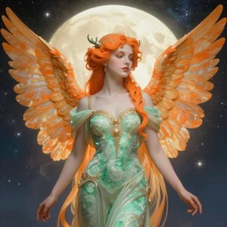Angelic beauty in the moonlight, the Tyndal effect, Art Nouveau Cosmic 4k Detailed Matte Illustration featured on Getty Images ,CGSociety, Jade and Carrot orange color scheme, Pastiche by Marc Simonetti, Pastiche by Cedric Peyravernay