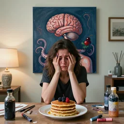 sensual, a sad portrait in a female art student's apartment, pancakes, depression, crying, woman holding a brain from inside a painting, berries, octopus, art materials, a lamp, bottles covered in wax, neo - expressionism, surrealism, acrylic and spray paint and oilstick on canvas